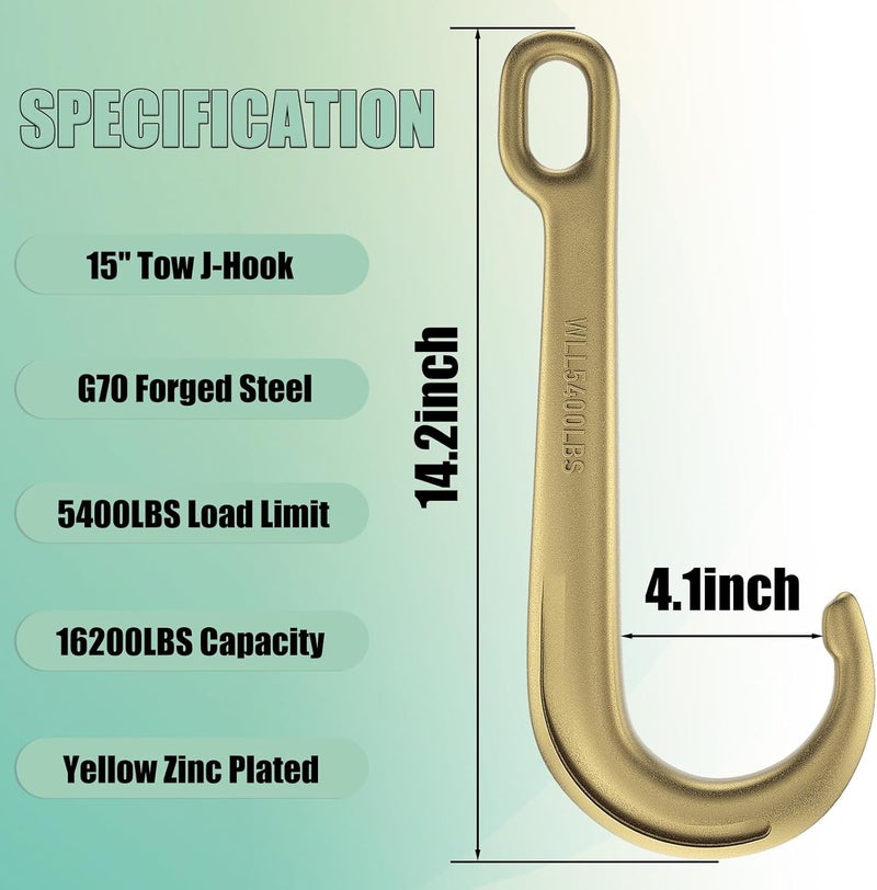 AODESTINY 2PCS 15" Heavy Duty J Hooks for Towing, Yellow Zinc Plated Tow J Hook Grade 70 Clevis J Hook for Transport Chain, 5400LBS Capacity Heavy Load - Image 2